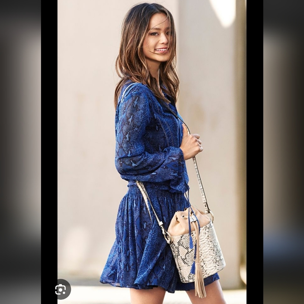 Banana Republic Womens Blue Animal Print Dress Lined Chiffon Tasseled Size M